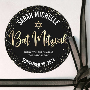 Bat Mitzvah Modern Black Gold Foil Glitzer Script Runder Aufkleber