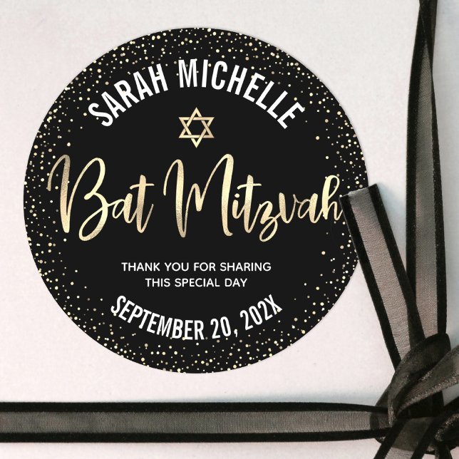 Bat Mitzvah Modern Black Gold Foil Glitzer Script Runder Aufkleber (Von Creator hochgeladen)