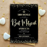 Bat Mitzvah Modern Bold Bold Script Black Real Gol Folieneinladung<br><div class="desc">Seien Sie stolz, freuen Sie sich und präsentieren Sie diesen Meilenstein Ihres Lieblings-Bat Mitzvah! Versenden Sie diese atemberaubende, moderne, raffinierte, personalisierte Einladung für eine Veranstaltung, an die Sie sich erinnern können. Graphic real Gold-Folie Kalligraphie-Skript, fett-Typ, Star of David, und Konfetti überlagern einen reichen, dramatischen, schwarzen Hintergrund. Ein Imitat goldener Star...</div>