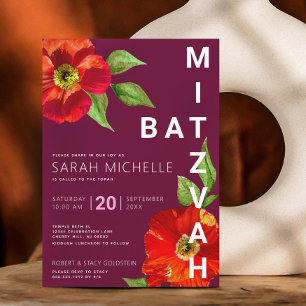 Bat Mitzvah Modern Burgundy Floral Watercolor Bold Einladung