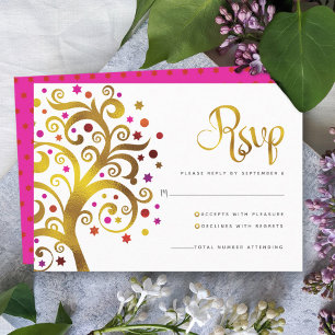Bat Mitzvah Modern Gold Roter Wald Baum des Lebens RSVP Karte