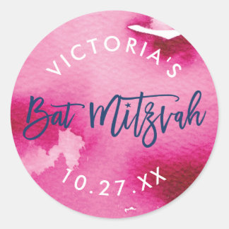BAT MITZVAH modern lettered dark pink watercolor Runder Aufkleber