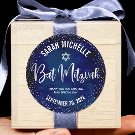 Bat Mitzvah Modern Navy Blue Silver Glitzer Script Runder Aufkleber