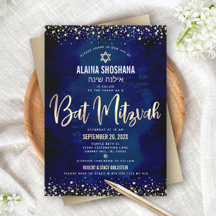 Bat Mitzvah Modern Navy Gold Foil Glitzer Script Einladung