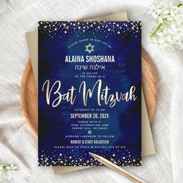Bat Mitzvah Modern Navy Gold Foil Glitzer Script Einladung (Von Creator hochgeladen)