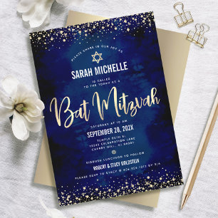 Bat Mitzvah Modern Navy Gold Glitzer Fotoleim Einladung