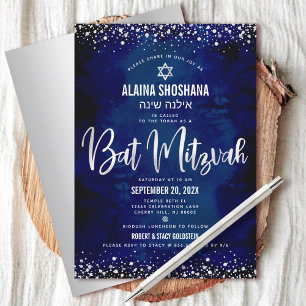 Bat Mitzvah Modern Navy Silver Foil Glitzer Script Einladung