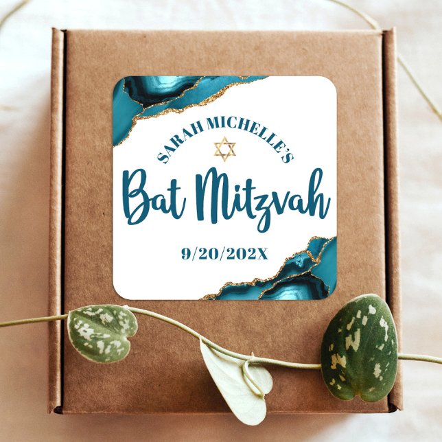 Bat Mitzvah Modern Turquoise Gold Agate Script Quadratischer Aufkleber (Von Creator hochgeladen)