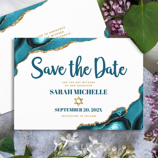 Bat Mitzvah Modern Turquoise Gold Agate Script Save The Date (Von Creator hochgeladen)