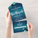 Bat Mitzvah Modern Turquoise Ombre Agate Script All In One Einladung<br><div class="desc">Seien Sie stolz, freuen Sie sich und präsentieren Sie diesen Meilenstein Ihres Lieblings-Bat Mitzvah! Versenden Sie diese coole, einzigartige, moderne, maßgeschneiderte All-in-One-Einladung für eine Veranstaltung, an die Sie sich erinnern können. Die Typografie der weißen Schrift und die Imitate goldener Stern von David überlagern einen tieftürkisfarbenen, aquamarinen, dunkelblauen Hintergrund mit türkisblauem...</div>