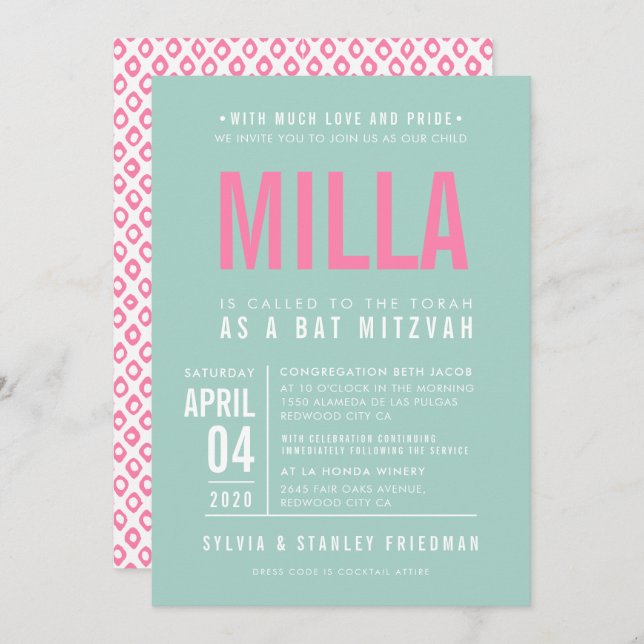 BAT MITZVAH Moderne Blockart Pastellminze Pink Einladung (Vorne/Hinten)