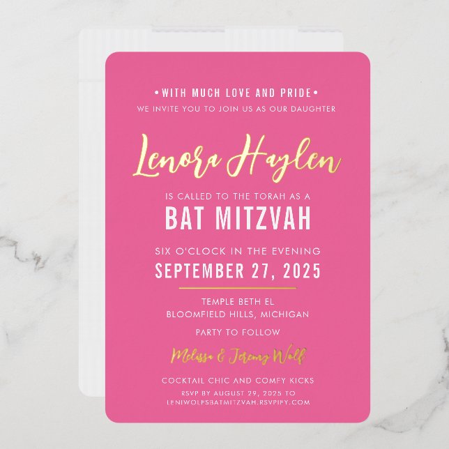 BAT MITZVAH Moderne Drehbuch hübsch rosa Gold Folieneinladung (Briefumschlag)