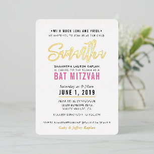 BAT MITZVAH Moderne Drehbuch hübsch rosa Gold Folieneinladung