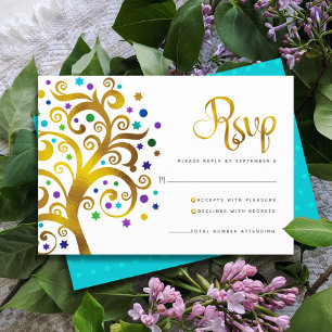 Bat Mitzvah Moderne Goldfolie Blauer Baum des Lebe RSVP Karte
