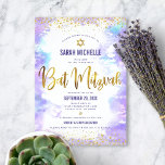 Bat Mitzvah moderne Goldfolie lila Aquarellfarbe Einladung<br><div class="desc">Seien Sie stolz, freuen Sie sich und präsentieren Sie diesen Meilenstein Ihres Lieblings-Bat Mitzvah! Versenden Sie dieses atemberaubende, moderne, funkelnd Goldfolien- und Glitzer-Imitat-Drehbuch und das Typografie-Skript vor einem weichen lila Aquarellhintergrund, personalisierte Einladung für eine Veranstaltung zur Erinnerung. Personalisieren Sie den benutzerdefinierten Text mit dem Namen, Datum und Veranstaltungsort Ihres Bat...</div>