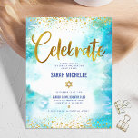 Bat Mitzvah moderne Goldfolie Türkis Aquarell Begleitkarte<br><div class="desc">Seien Sie stolz, freuen Sie sich und präsentieren Sie diesen Meilenstein Ihres Lieblings-Bat Mitzvah! Fügen Sie dieses atemberaubende, moderne, funkelnd Gold Imitate Folie und Glitzer Punkte und Typografie-Skript vor einem türkisfarbenen Hintergrund, personalisierte Beilage für zusätzliche Informationen zu Ihrer Veranstaltung. Personalisieren Sie den benutzerdefinierten Text mit dem Namen, Datum und Veranstaltungsort...</div>