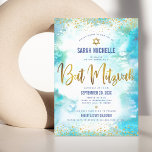 Bat Mitzvah moderne Goldfolie Türkis Aquarell Einladung<br><div class="desc">Seien Sie stolz, freuen Sie sich und präsentieren Sie diesen Meilenstein Ihres Lieblings-Bat Mitzvah! Versenden Sie dieses atemberaubende, moderne, funkelnd Imitat-Folie und Glitzer-Punkte und Typografie-Skript vor einem türkisfarbenen Hintergrund, personalisierte Einladung für eine Veranstaltung zu erinnern. Personalisieren Sie den benutzerdefinierten Text mit dem Namen, Datum und Veranstaltungsort Ihres Bat Mitzvah. Garantiert,...</div>