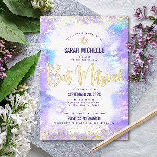 Bat Mitzvah moderne lila Aquarell-Echtgold  Folieneinladung