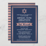 Bat Mitzvah Moderne Marine Blue Pink Rose Gold Tre Einladung<br><div class="desc">Laden Sie Familie und Freunde zu einer eleganten Fledermausmitzvah Zeremonie und Feiern mit einer stilvollen Custom Marine blau, weiß und rosa Rosengold Einladung. Der gesamte Text auf dieser Vorlage lässt sich einfach mit beliebigen Formulierungen in Bezug auf den Dienst, das Lesen der Tora und das Party anpassen. Das Design besticht...</div>