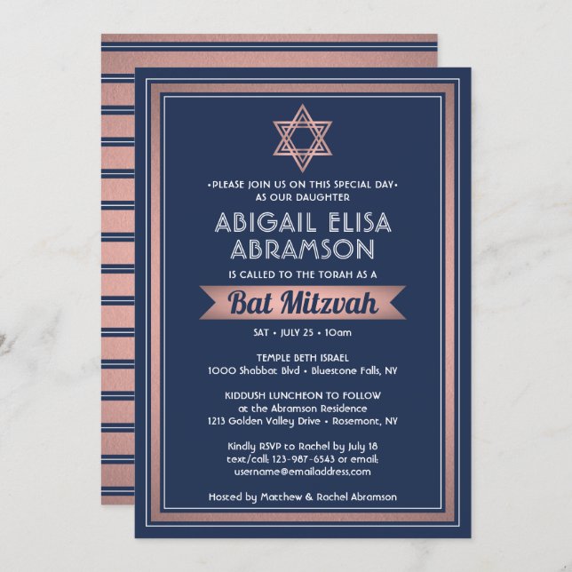 Bat Mitzvah Moderne Marine Blue Pink Rose Gold Tre Einladung (Vorne/Hinten)