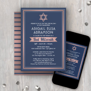 Bat Mitzvah Moderne Marine Blue Pink Rose Gold Tre Einladung