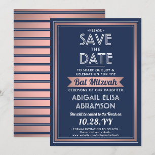 Bat Mitzvah Moderne Marine Blue Pink Rose Gold Tre Save The Date