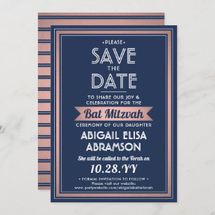 Bat Mitzvah Moderne Marine Blue Pink Rose Gold Tre Save The Date