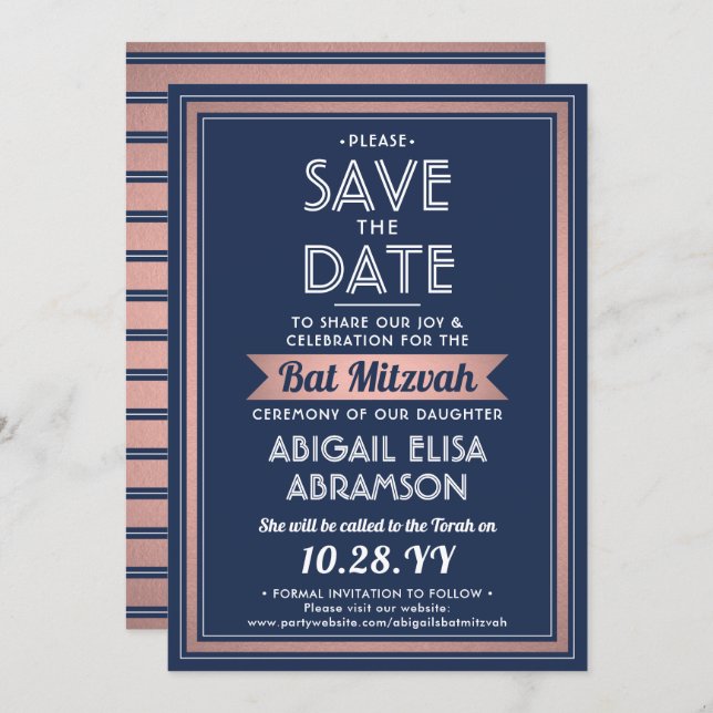 Bat Mitzvah Moderne Marine Blue Pink Rose Gold Tre Save The Date (Vorne/Hinten)