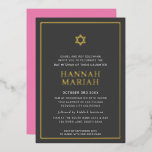 BAT MITZVAH moderne minimale Sterngrenze rosa grau Folieneinladung<br><div class="desc">durch kat massard Moderne Einladung mit "glänzender Goldfolie" für die MITZVAH Kinderfeier. Einfach die Vorlage selbst aktualisieren E-Mail-Adresse für passende Elemente und alternative Farbschemas - kat@simplysweetpaperie.com</div>