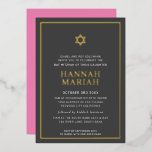 BAT MITZVAH moderne minimale Sterngrenze rosa grau Folieneinladung<br><div class="desc">durch kat massard Moderne Einladung mit "glänzender Goldfolie" für die MITZVAH Kinderfeier. Einfach die Vorlage selbst aktualisieren E-Mail-Adresse für passende Elemente und alternative Farbschemas - kat@simplysweetpaperie.com</div>