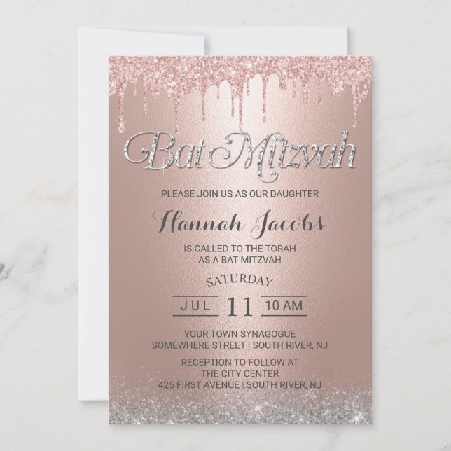 Bat Mitzvah Moderne Rose Gold Glitzer Tropfen Einladung (Vorderseite)