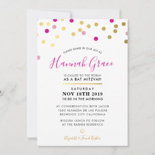 BAT MITZVAH Moderne spaßige Konfettspots Gold pink Einladung