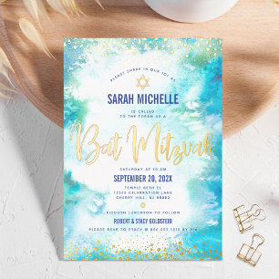 Bat Mitzvah moderne Türkis-Aquarell-Echgold Folieneinladung