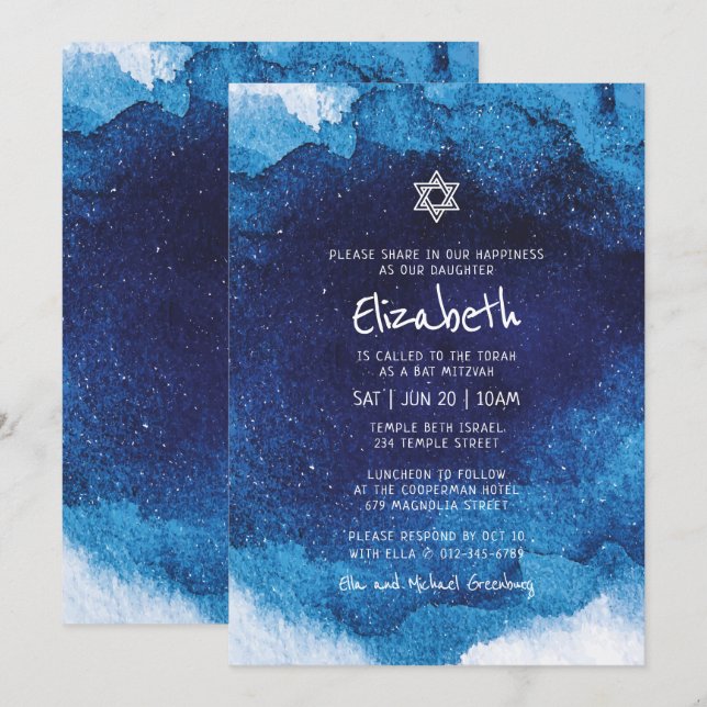 Bat Mitzvah Moderne Typografie Blaue Wasserfarbe Einladung (Vorne/Hinten)