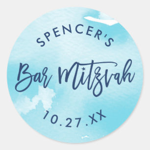 BAT MITZVAH moderne wasserfarbene aquablau lettere Runder Aufkleber