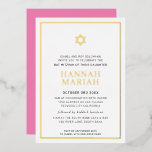 BAT MITZVAH Moderner Minimalsternrahmen rosa Fohle Folieneinladung<br><div class="desc">durch kat massard Moderne Einladung mit "glänzender Goldfolie" für die MITZVAH Kinderfeier. Einfach die Vorlage selbst aktualisieren E-Mail-Adresse für passende Elemente und alternative Farbschemas - kat@simplysweetpaperie.com</div>