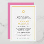 BAT MITZVAH Moderner Minimalsternrahmen rosa Fohle Folieneinladung<br><div class="desc">durch kat massard Moderne Einladung mit "glänzender Goldfolie" für die MITZVAH Kinderfeier. Einfach die Vorlage selbst aktualisieren E-Mail-Adresse für passende Elemente und alternative Farbschemas - kat@simplysweetpaperie.com</div>