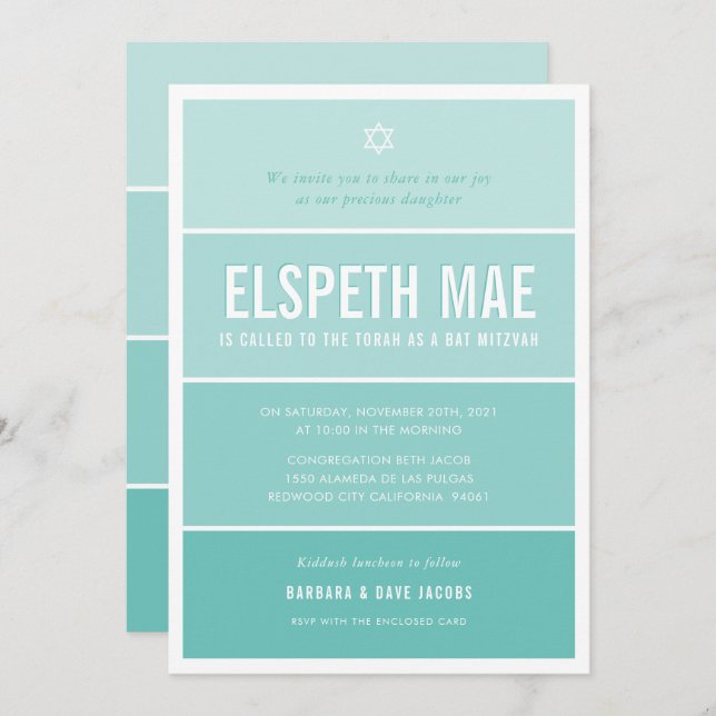 BAT MITZVAH Moderner Ober-Farbverlauf Jade Minze g Einladung (Vorne/Hinten)