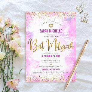 Bat Mitzvah Moderner rosa Aquarellgold Glitzer Einladung