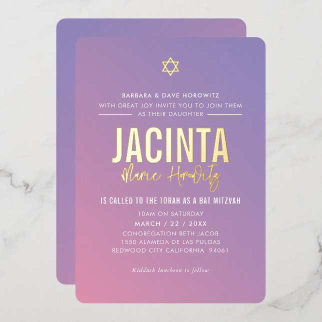 BAT MITZVAH Moderner Stern lila rosa Farbverlauf Folieneinladung (Vorderseite/Rückseite)