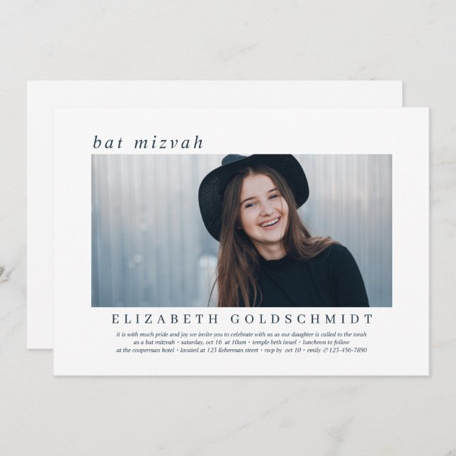 Bat Mitzvah| Modernes, einfaches, elegantes Foto Einladung (Vorne/Hinten)