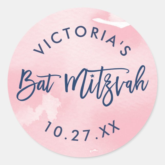 BAT MITZVAH Modernes handgeschriebenes, rosa Aquar Runder Aufkleber (Vorderseite)