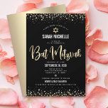 Bat Mitzvah Modernes Schwarzes Gold Glitzer Foulsk Einladung<br><div class="desc">Seien Sie stolz, freuen Sie sich und präsentieren Sie diesen Meilenstein Ihres Lieblings-Bat Mitzvah! Versenden Sie diese atemberaubende, moderne, raffinierte, personalisierte Einladung für eine Veranstaltung, an die Sie sich erinnern können. Graphische Imitate Goldfolie-Kalligraphie-Skript, Star of David, und Konfetti, überlagern einen reichen, dramatischen, schwarzen Hintergrund. Ein Imitat goldener Star von David...</div>