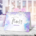 Bat Mitzvah Modernes Silver Script Lila Watercolor Dankeskarte<br><div class="desc">Vergewissern Sie sich, dass Ihr Lieblings-Bat Mitzvah ihre Wertschätzung für alle, die ihre Meilenstein-Veranstaltung unterstützt! Versenden Sie diese atemberaubende, moderne, funkelnd Silber-Imitat-Folie handgeschriebene Drehbuch und winzige Punkte über einem leichten lila Aquarellhintergrund, personalisiert danke. Auf der Vorderseite, personalisieren Sie mit dem Namen Ihres Bat Mitzvah. Fügen Sie eine personalisierte Notiz an...</div>