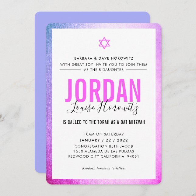 BAT MITZVAH Modernes Sternmädchen pink lila Scheib Einladung (Vorne/Hinten)