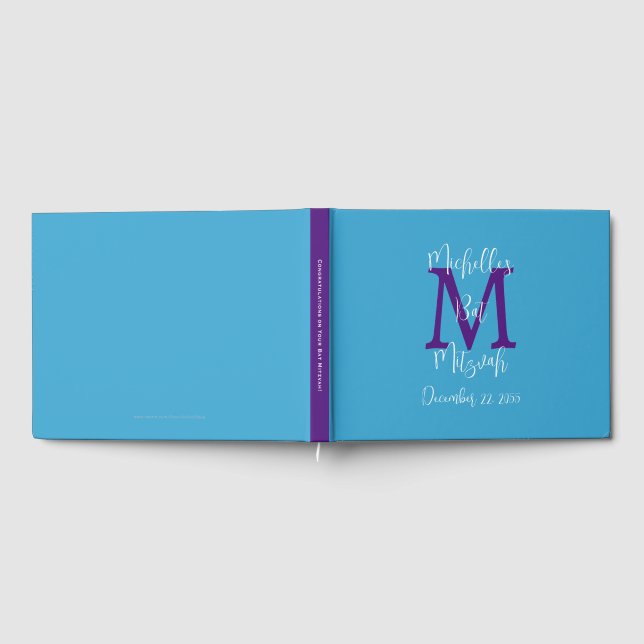 Bat Mitzvah Monogram Sky Lila White Sign-In Gästebuch (Voll)