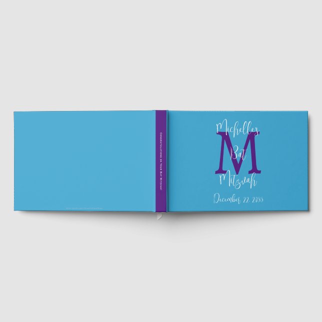 Bat Mitzvah Monogram Sky Lila White Sign-In Gästebuch (Voll)