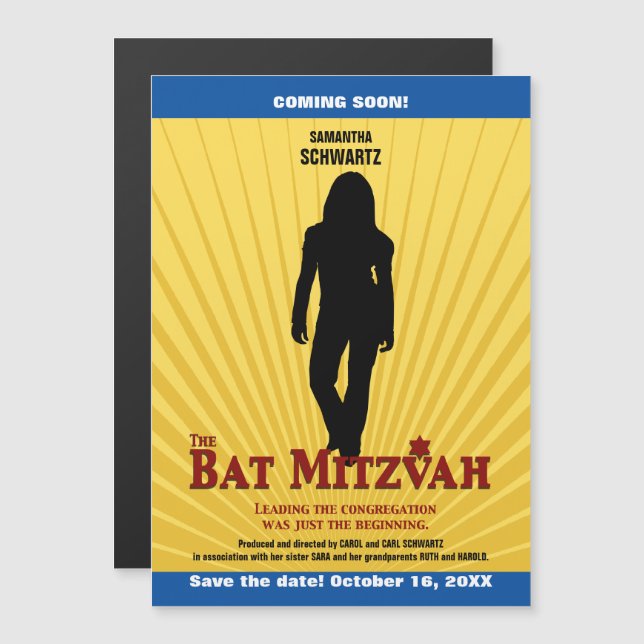 Bat Mitzvah Movie Star Yellow Blue Magneteinladung (Vorne/Hinten)