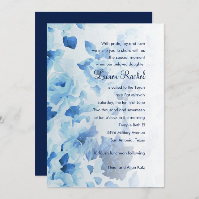Bat Mitzvah Navy Blue Watercolor Floral Einladung (Vorne/Hinten)