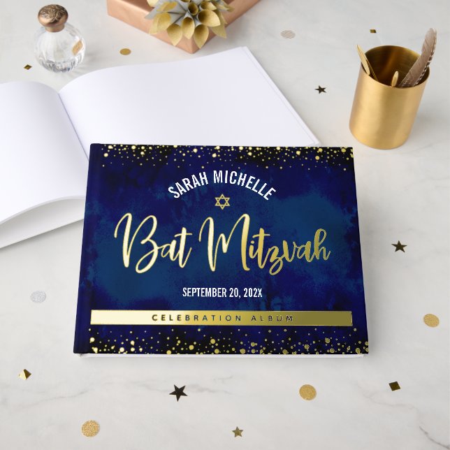 Bat Mitzvah Navy Wasserfarbe Script Real Gold Foss Gästebuch (Vorderseite offen)